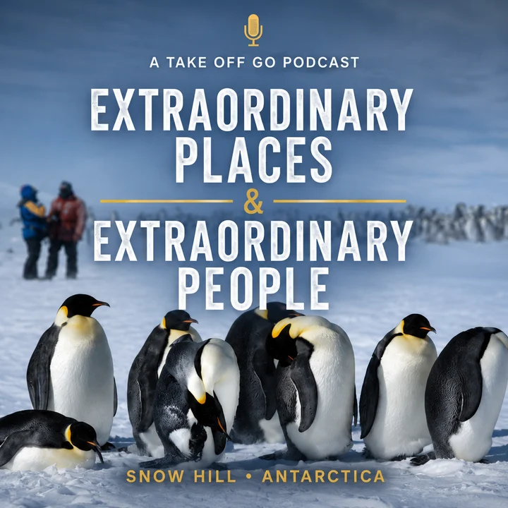 Cover art for the Extraordinary Places & Extraordinary People podcast: emperor penguins at Snow Hill, Antarctica